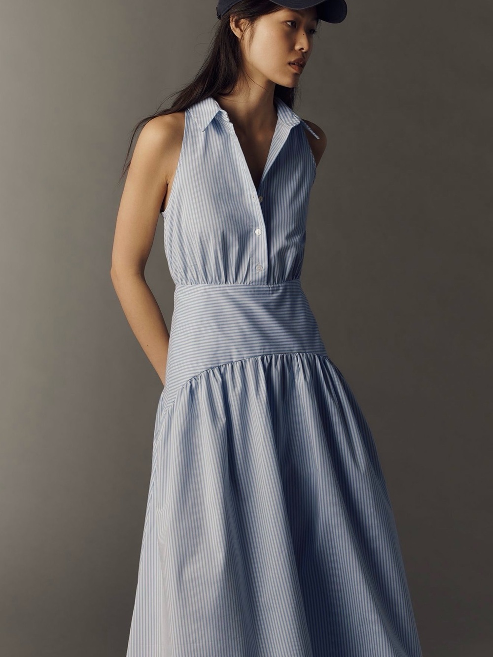 Anthropologie/Esquise striped Light Blue Sleeveless Collared Midi Dress